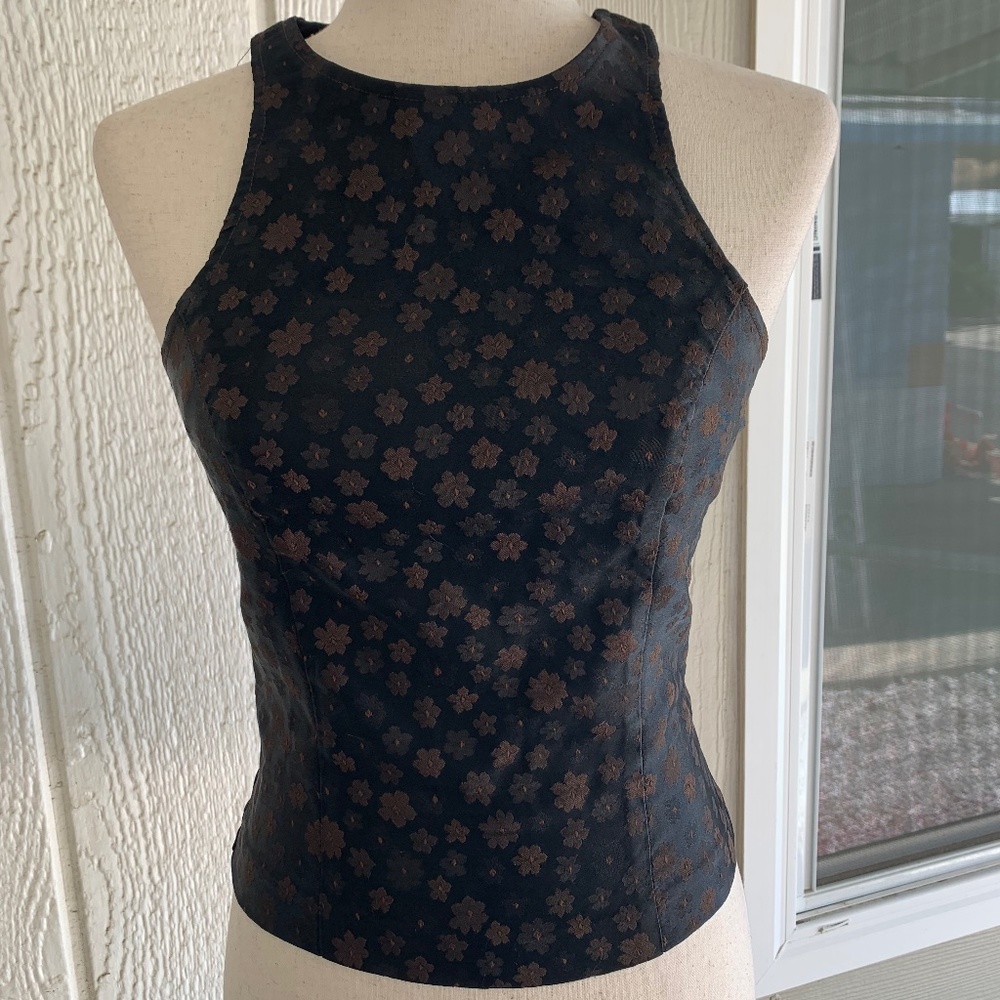 XOXO Sleeveless Razorback Top Vintage Black with Brown Flowers XS